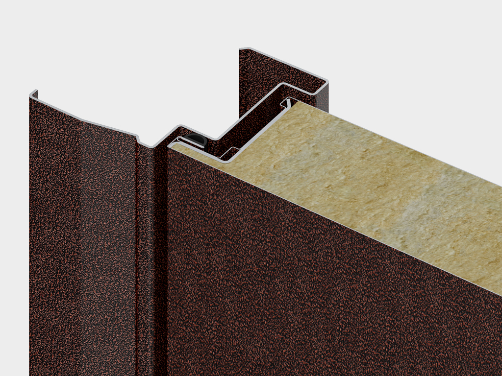 Высокопрочное полотно типа «сэндвич» из оцинкованной холоднокатаной стали с заполнением из минераловатной плиты высокой плотности. Наличник позволяет скрыть неровности строительного проема.